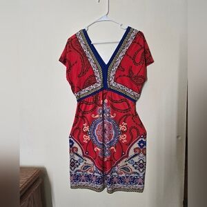 Style & Co Red and Blue V-Neck Sheath Dress